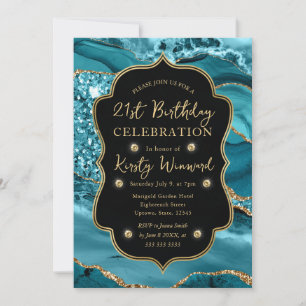 Elegant Teal & Gold Glitter Agate 21st Birthday Invitation