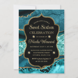 Elegant Teal & Gold Glitter Agate Sweet Sixteen Invitation