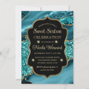 Elegant Teal & Gold Glitter Agate Sweet Sixteen Invitation