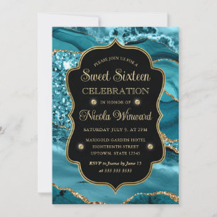 Elegant Teal & Gold Glitter Agate Sweet Sixteen Invitation