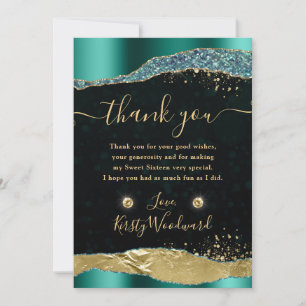 Elegant Teal & Gold Glitter Glam Tears Sweet 16 Thank You Card