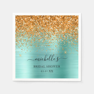 Elegant Teal Gold Glitter Sparkle Name Script Napkin