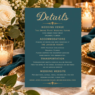 Elegant Teal Gold Glitter Sparkle Wedding Details Enclosure Card