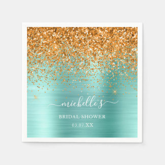 Elegant Teal Gold Glitter White Sparkle Name Napkin