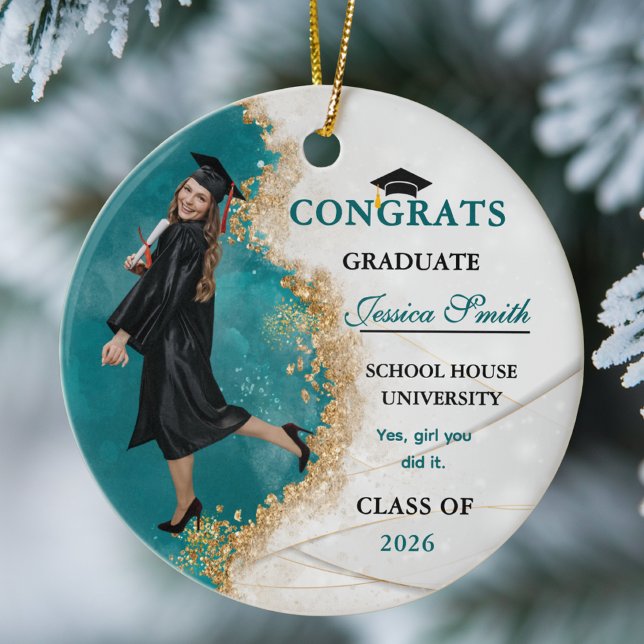 Elegant Teal & Gold Graduate Personalized Photo  Ceramic Tree Decoration (Creator Uploaded)