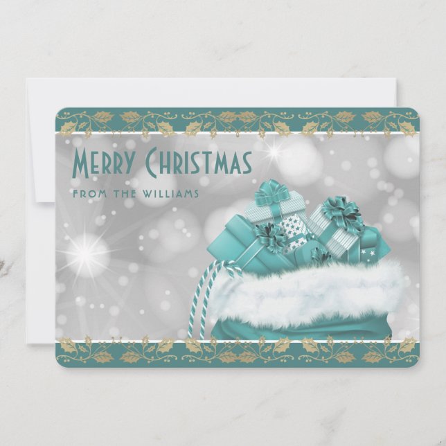 Elegant Teal Gold Holly Christmas Presents Holiday Card (Front)