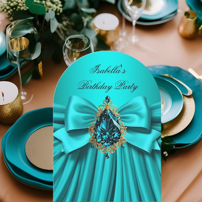 Elegant Teal gold Jewel Bow Birthday Party Invitation (Creator Uploaded)