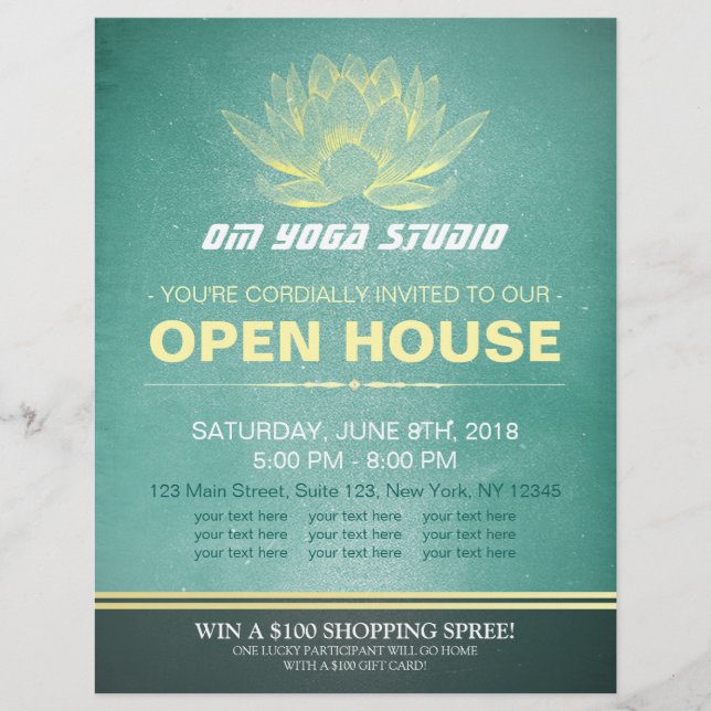 Elegant Teal & Gold Lotus YOGA Studio Open House Flyer (Front)