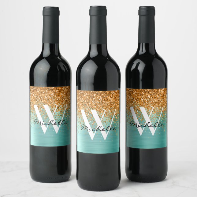 Elegant Teal Gold Monogram Glitter Girly Name Wine Label (Bottles)