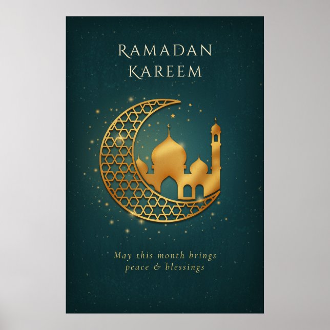 Elegant Teal & Gold Mosque Crescent Moon Ramadan Poster (Front)