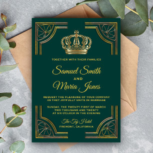Elegant Teal Gold Ornate Crown Wedding Invitation