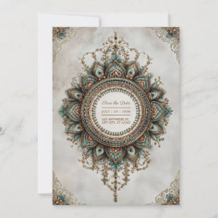 Elegant Teal Gold Peacock Mandala Boho Wedding Invitation