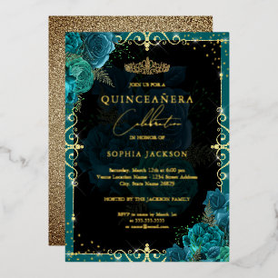 Elegant Teal Gold Rose Quinceanera