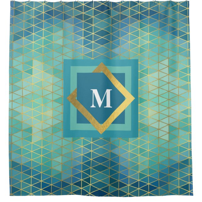 Elegant Teal Gold Turquoise Geometric Any Monogram Shower Curtain (Front)