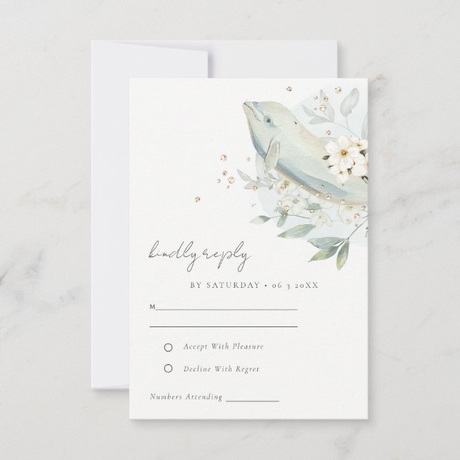 Elegant Teal Gold Underwater Floral Fish Wedding RSVP Card (Front)