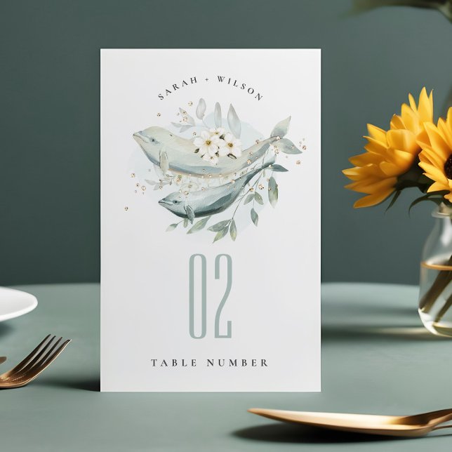 Elegant Teal Gold Underwater Floral Fish Wedding Table Number (Creator Uploaded)