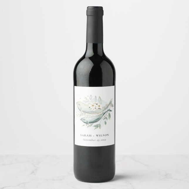 Elegant Teal Gold Underwater Floral Fish Wedding Wine Label (Front)