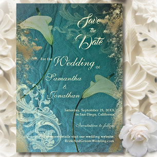 Elegant Teal & Gold Vintage Floral Wedding  Save The Date