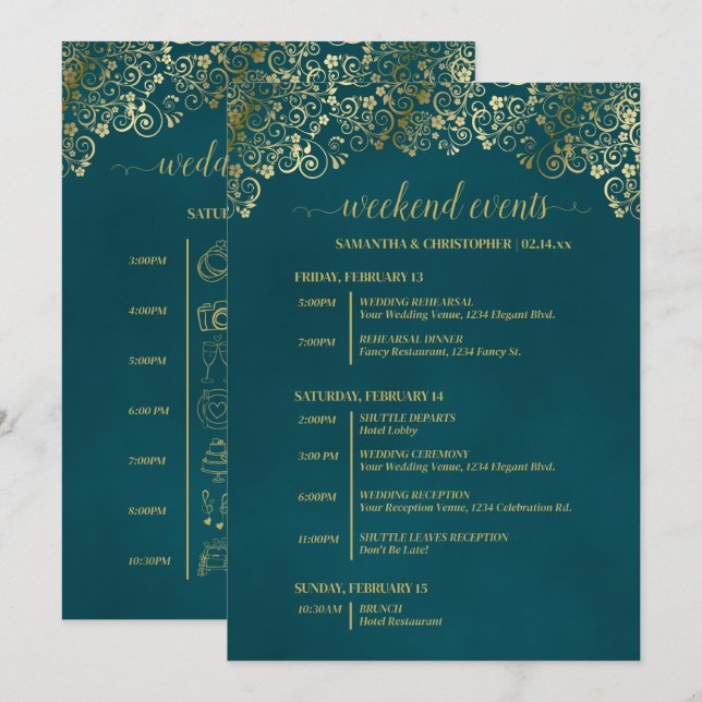 Elegant Teal & Gold Wedding Events & Timeline Programme (Front/Back)