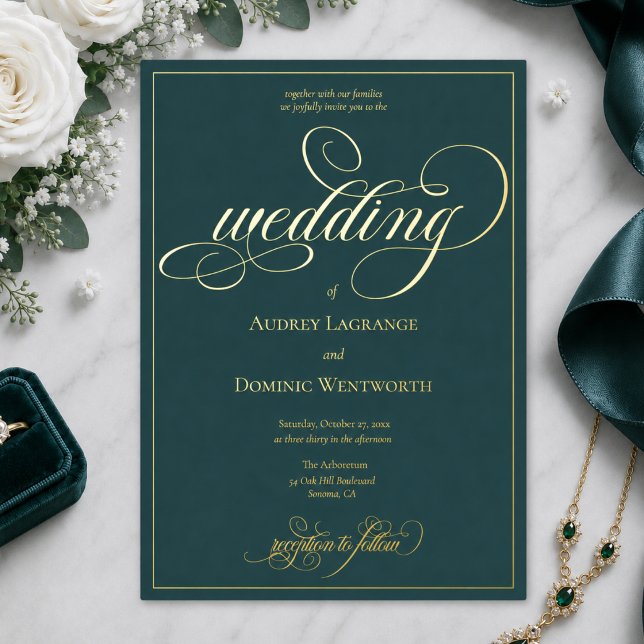 Elegant Teal Gold Wedding Script Calligraphy (elegant luxurious classic teal gold foil calligraphy script custom wedding invitation)