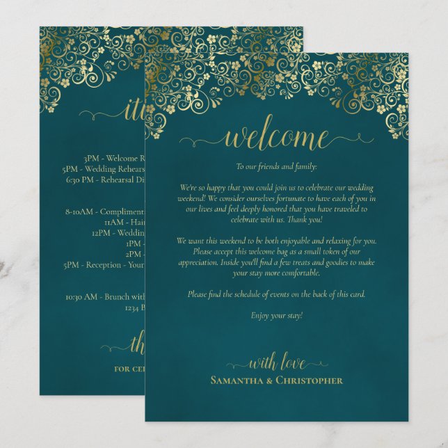 Elegant Teal & Gold Wedding Welcome & Itinerary Programme (Front/Back)
