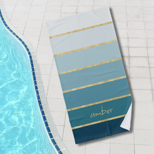 Elegant Teal Gradient Gold Stripes Beach Towel