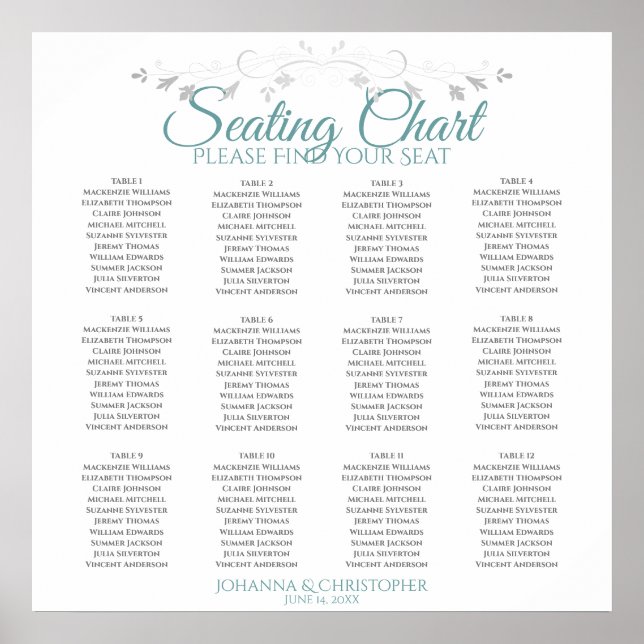 Elegant Teal & Gray 12 Table Wedding Seating Chart (Front)