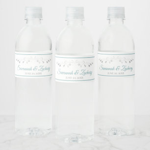 Elegant Teal & Gray Vintage Floral Border Wedding Water Bottle Label