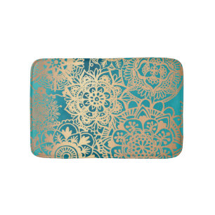 Elegant Teal Green and Gold Mandala Pattern Bath Mat