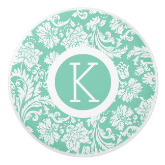 Elegant teal-green and white damasks 2 pattern ceramic knob