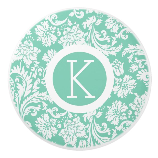 Elegant teal-green and white damasks 2 pattern ceramic knob (Front)