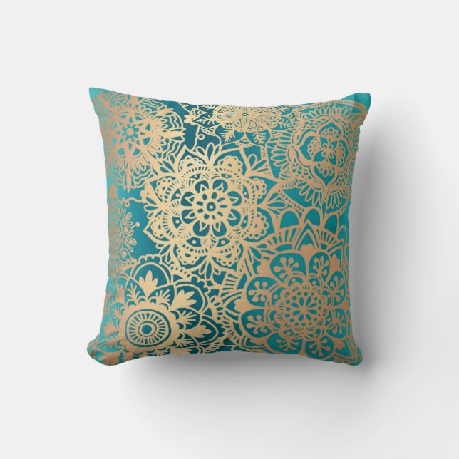 Elegant Teal Green Gold Mandala Pattern Cushion (Front)