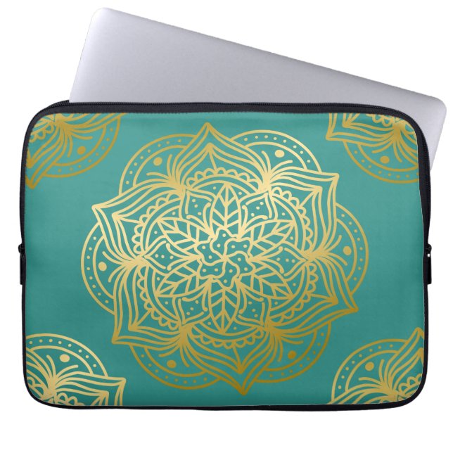Elegant Teal Green Gold Mandala Pattern Laptop Sleeve (Front)