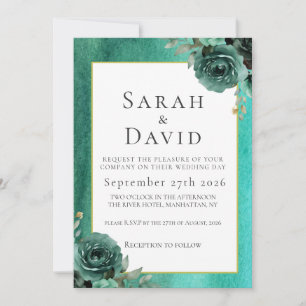 Elegant Teal Green Watercolor Floral Wedding Invitation