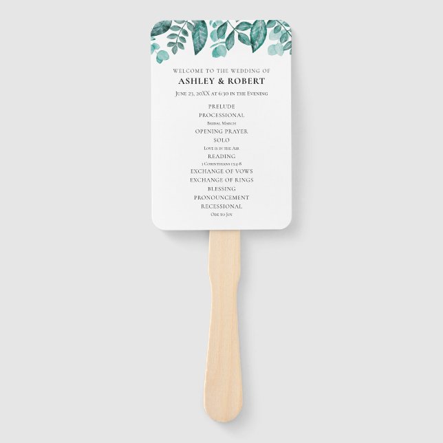 Elegant Teal Greenery Leaves Wedding Ceremony Hand Fan (Front)