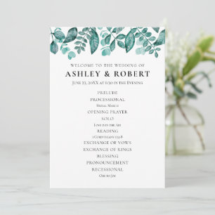 Elegant Teal Greenery Leaves Wedding Ceremony Programme