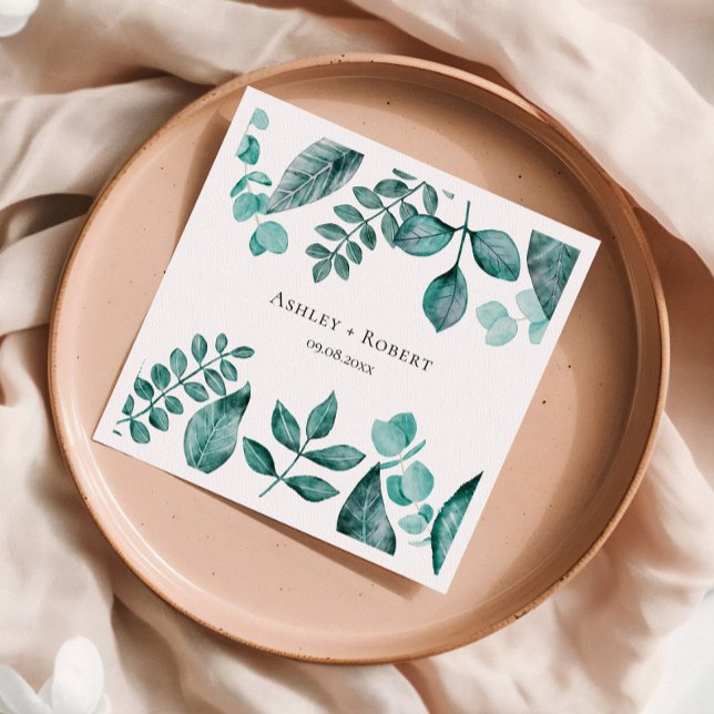Elegant Teal Greenery Watercolor Modern Wedding Napkin (Creator Uploaded)
