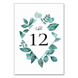 Elegant Teal Greenery Watercolor Wedding Table Number