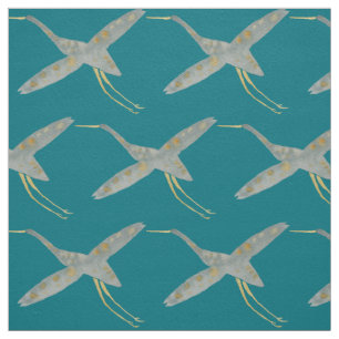 Elegant Teal & grey watercolor Crane birds  Fabric