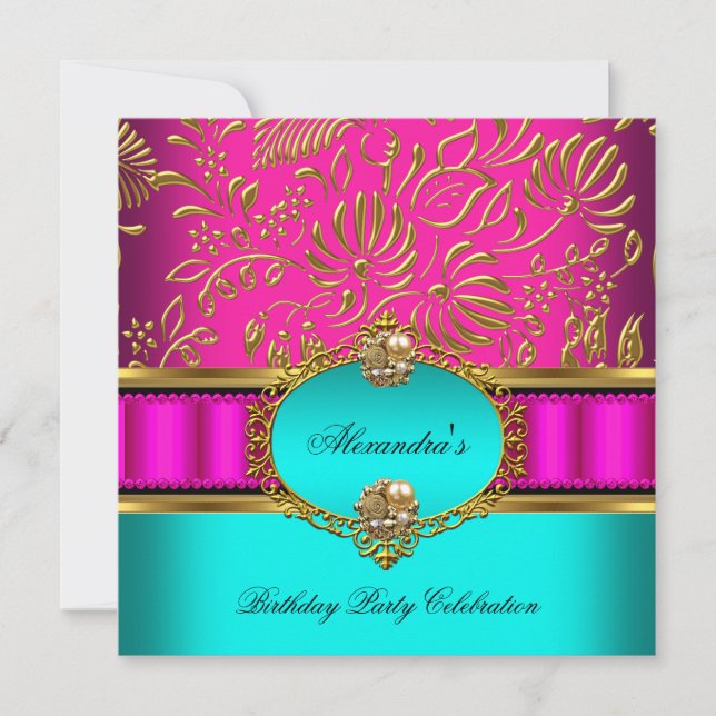 Elegant Teal Hot Pink Gold Damask Birthday Party 2 Invitation (Front)
