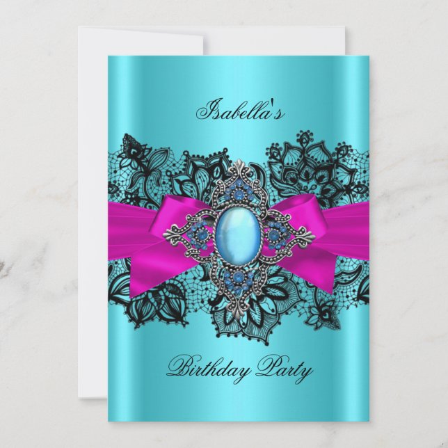 Elegant Teal Hot Pink Lace Blue Birthday Party Invitation (Front)