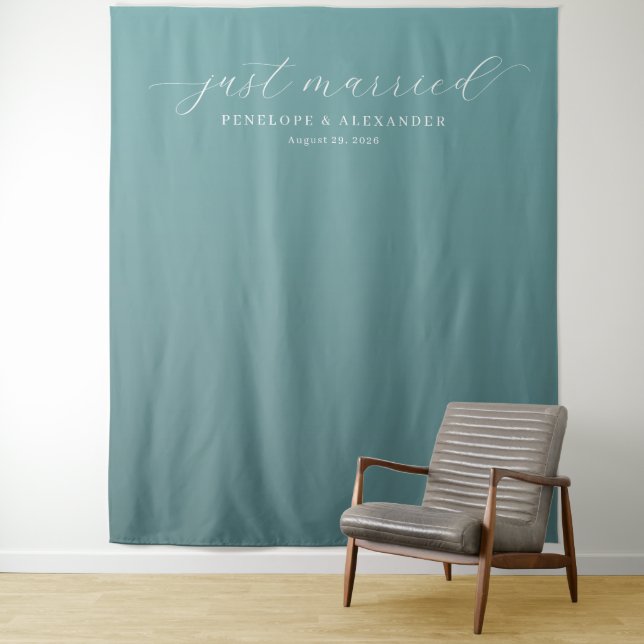 Elegant Teal Just Married Tapestry (In Situ)
