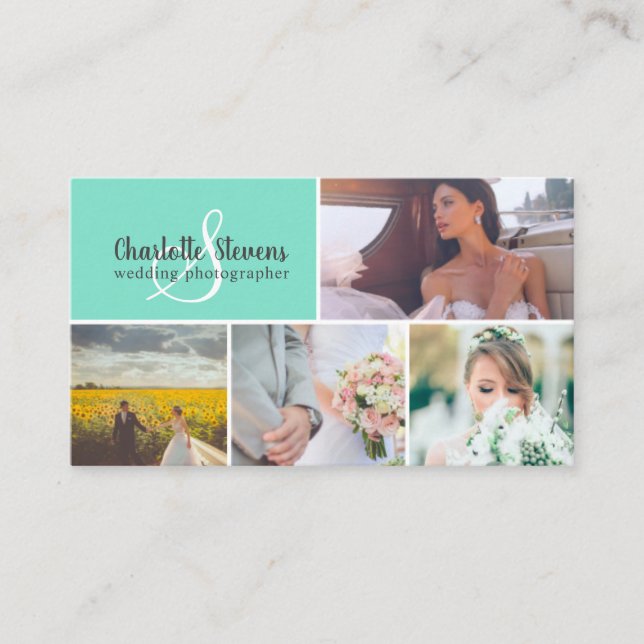 Elegant teal mint wedding photographer collage business card (Front)