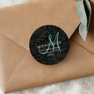 Elegant Teal Monogram Black Floral Return Address Classic Round Sticker
