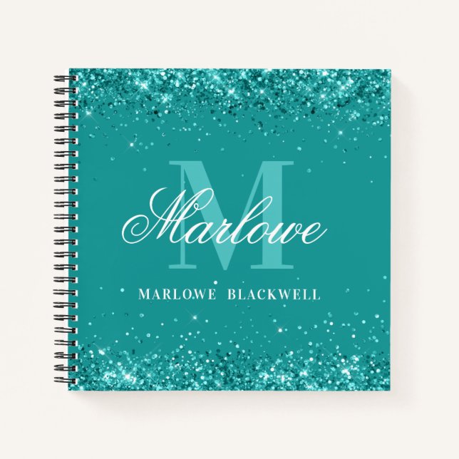 Elegant Teal Monogram Blue Green Glitter Notebook (Front)