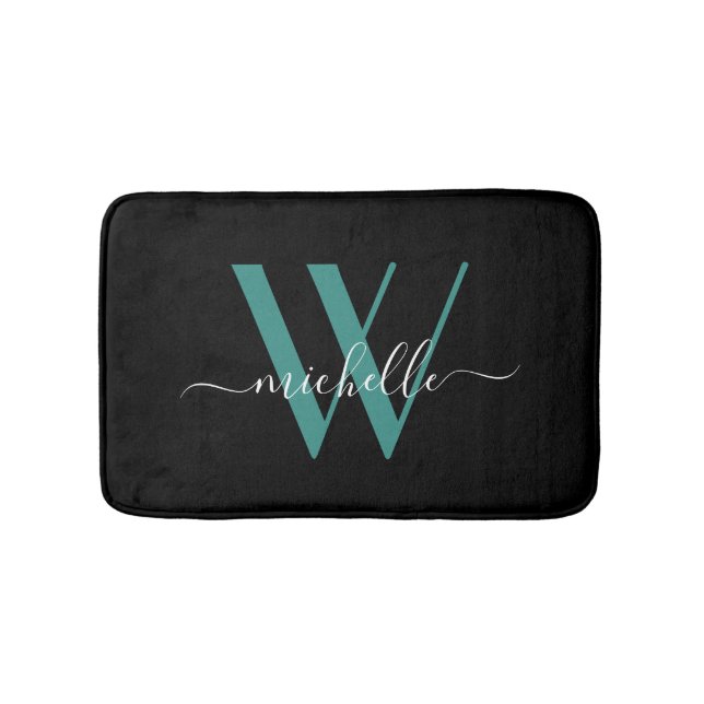 Elegant Teal Monogram Initial Name Script Girly Bath Mat (Front)