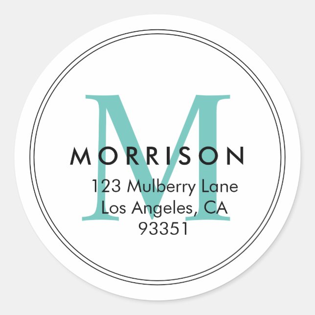Elegant Teal Monogram Return Address Classic Round Sticker (Front)