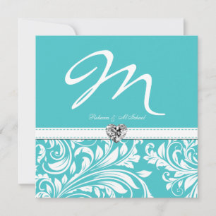 Elegant Teal Monogram Wedding Invites with Diamond
