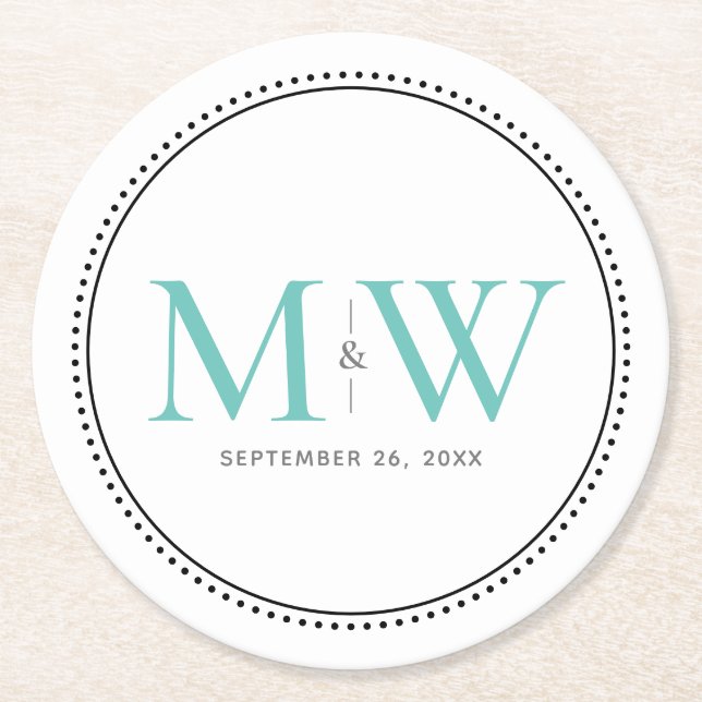 Elegant Teal Monogram Wedding Round Paper Coaster (Front)