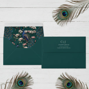 Elegant Teal Monogrammed Peacock Return Address Envelope